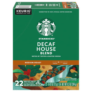 Starbucks K-Cup Coffee Pods, Medium Roast Decaf House Blend for Keurig Coffee Makers, 100% Arabica, 1 Box (22 Pods)