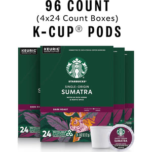 Starbucks K-Cup Coffee Pods, Dark Roast Sumatra, 100% Arabica, Keurig Brewers, 4 Boxes (96 Pods Total)