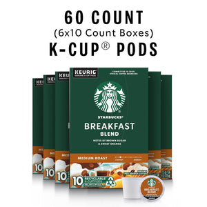 Starbucks Starbucks K-Cup Coffee Pods, Medium Roast Coffee, Breakfast Blend For Keurig Brewers, 100% Arabica, 6 Boxes (60 Pods Total)