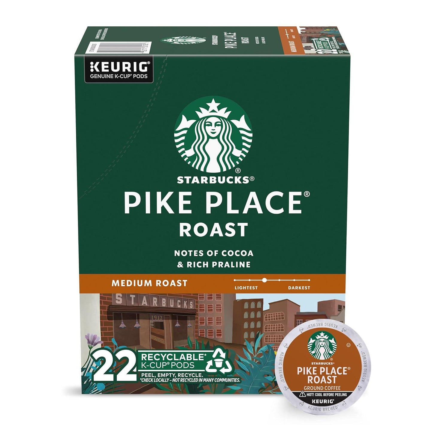 Starbucks Starbucks K-Cup Coffee Pods, Medium Roast Coffee, Pike Place Roast For Keurig Brewers, 100% Arabica, 1 Box (22 Pods)