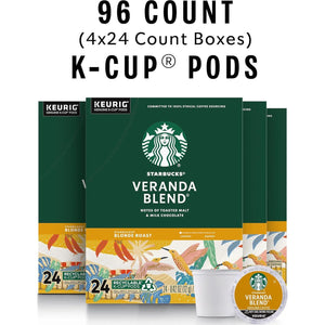Starbucks K-Cup Coffee Pods, Blonde Roast Coffee (Veranda Blend), For Keurig Brewers, 100% Arabica, 4 Boxes (96 Pods Total)