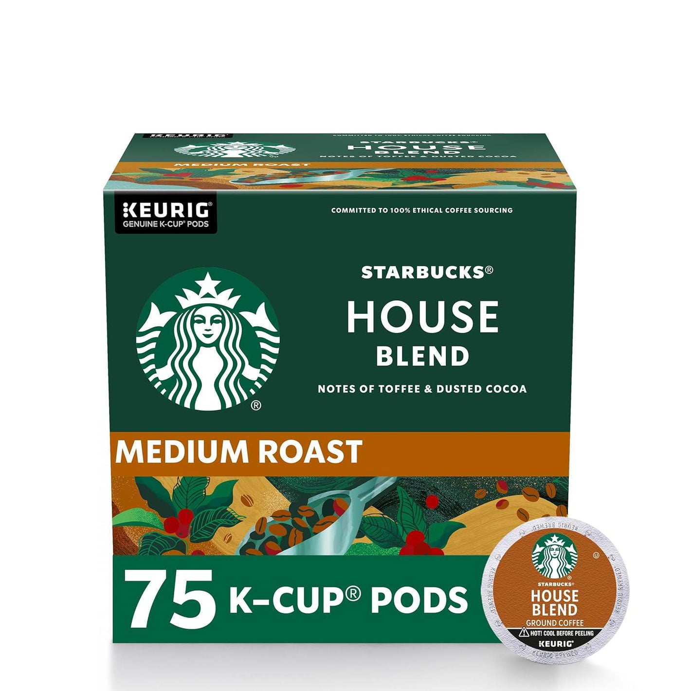 Starbucks Starbucks K-Cup Coffee Pods, Medium Roast, House Blend For Keurig Coffee Makers, 100% Arabica, 1 Box (75 Pods)