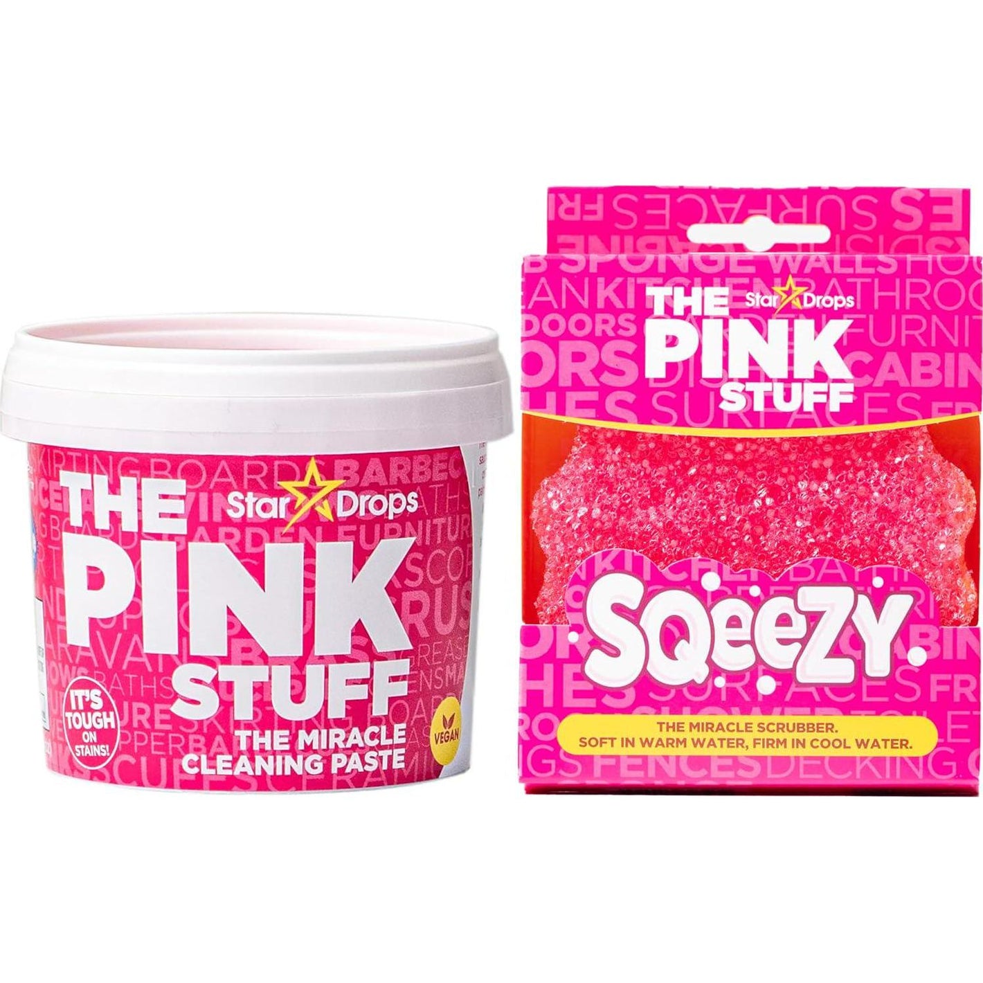 Stardrops The Pink Stuff Miracle Cleaning Paste & Squeezy Scrubber Sponge Bundle, Non-Scratch Cleaner for Kitchens, Bathrooms, Floors, Pots & More
