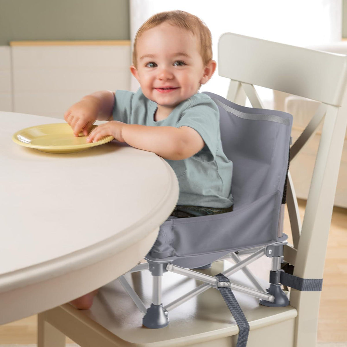 Summer By Bright Starts Pop 'N Sit Portable Booster Chair, Floor Seat, Indoor/Outdoor Use, Compact Fold, Grey, 6 Mos - 3 Yrs,