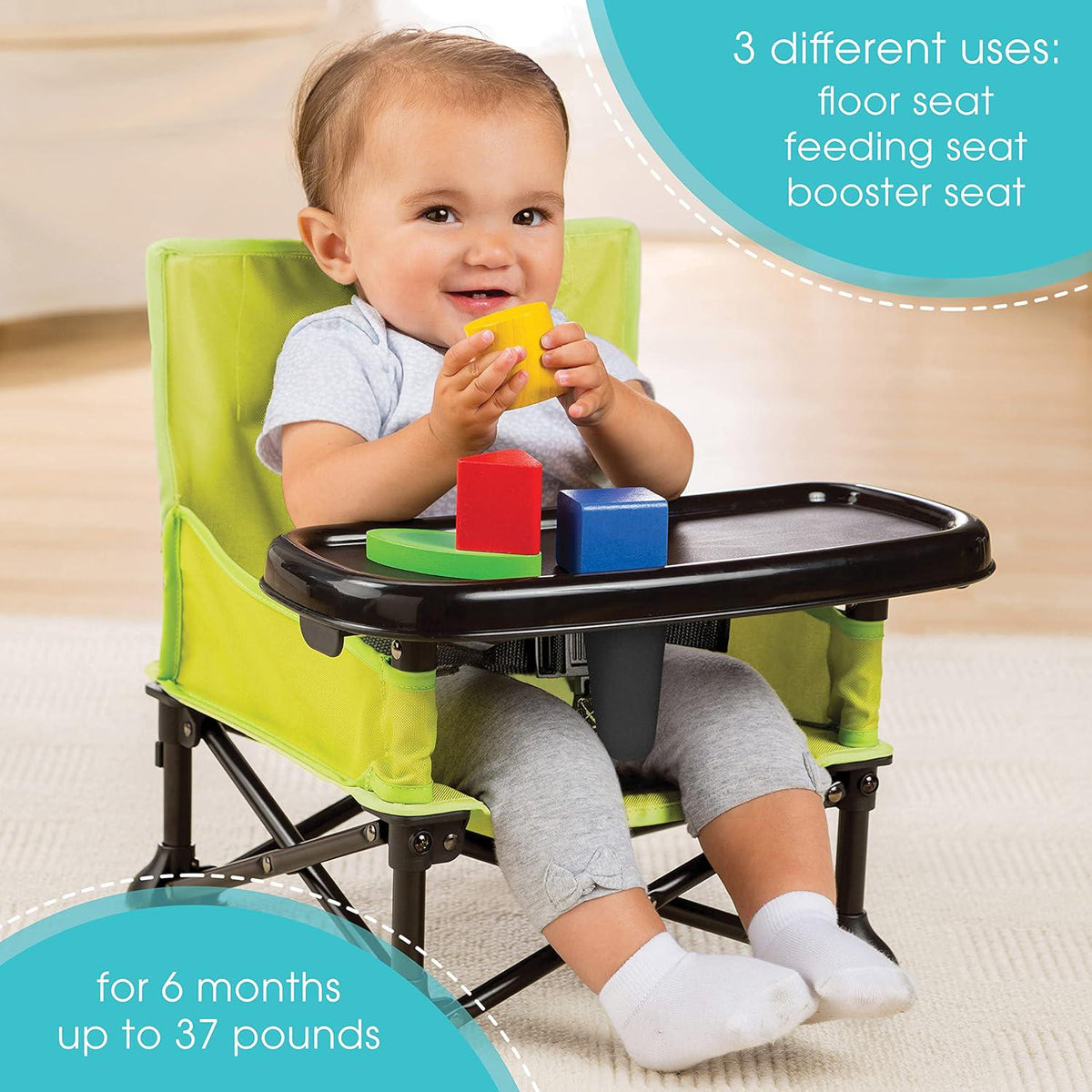 Summer By Bright Starts Pop 'N Sit Portable Booster Chair, Floor Seat, Indoor/Outdoor Use, Compact Fold, Green, 6 Mos - 3 Yrs,