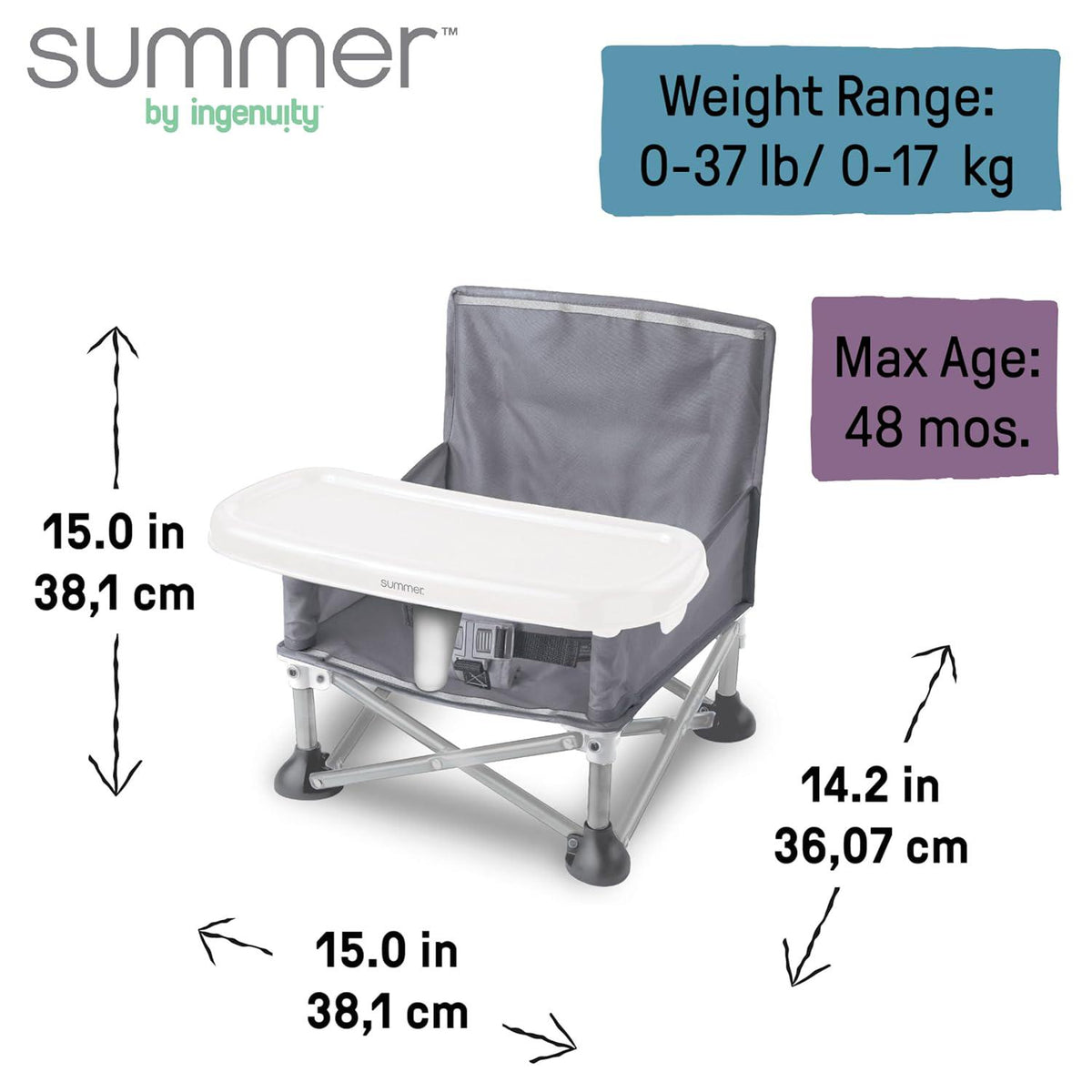 Summer By Bright Starts Pop 'N Sit Portable Booster Chair, Floor Seat, Indoor/Outdoor Use, Compact Fold, Grey, 6 Mos - 3 Yrs,