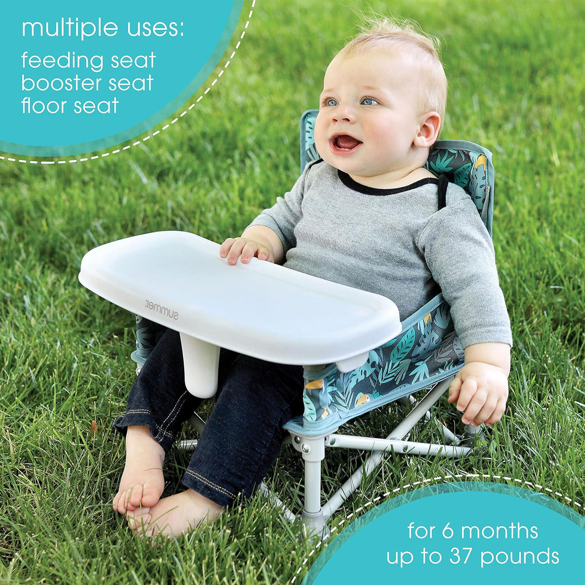 Summer By Bright Starts Pop 'N Sit Portable Booster Chair, Floor Seat, Indoor/Outdoor Use, Compact Fold, Jungle Botanical, 6 Mos - 3 Yrs,