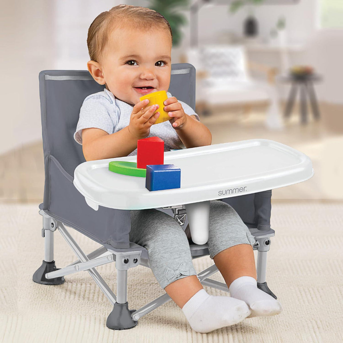 Summer By Bright Starts Pop 'N Sit Portable Booster Chair, Floor Seat, Indoor/Outdoor Use, Compact Fold, Grey, 6 Mos - 3 Yrs,