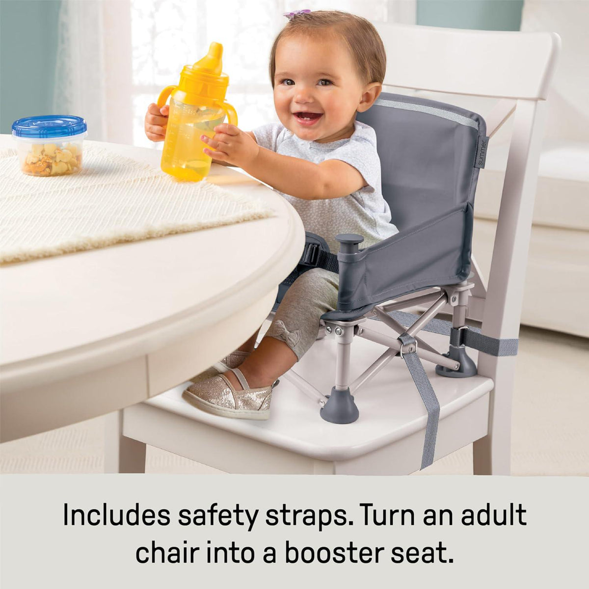 Summer By Bright Starts Pop 'N Sit Portable Booster Chair, Floor Seat, Indoor/Outdoor Use, Compact Fold, Grey, 6 Mos - 3 Yrs,