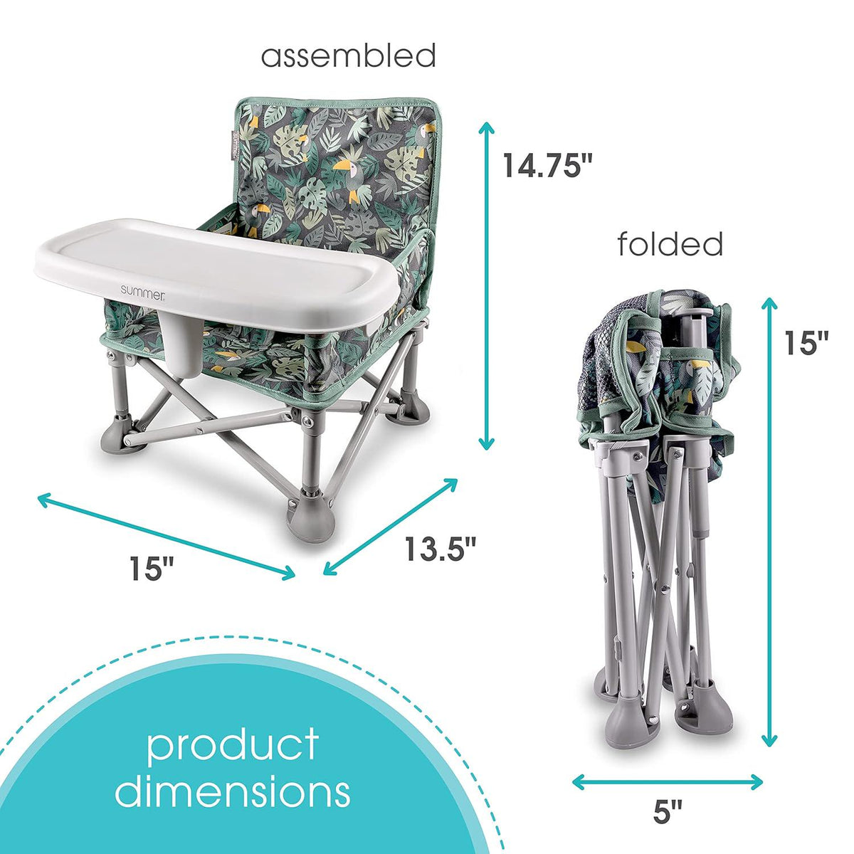 Summer By Bright Starts Pop 'N Sit Portable Booster Chair, Floor Seat, Indoor/Outdoor Use, Compact Fold, Jungle Botanical, 6 Mos - 3 Yrs,