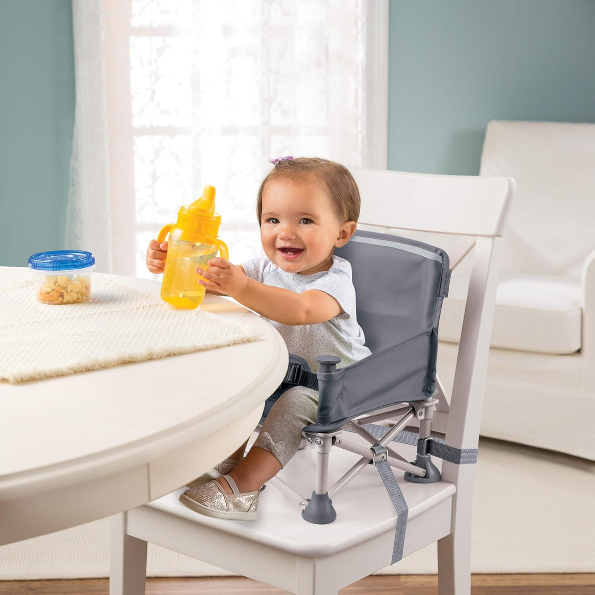 Summer By Bright Starts Pop 'N Sit Portable Booster Chair, Floor Seat, Indoor/Outdoor Use, Compact Fold, Grey, 6 Mos - 3 Yrs,