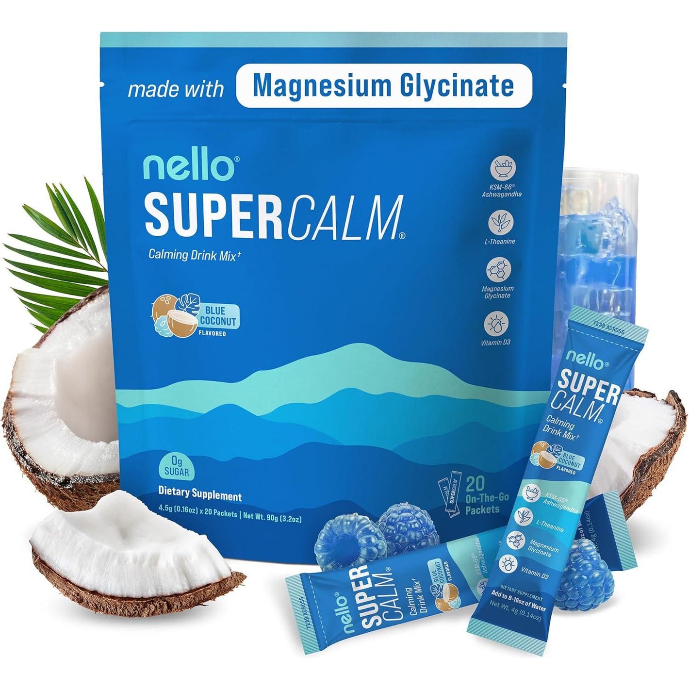 Nello Supercalm Powdered Drink Mix, Blue Coconut, 20 Servings, L-Theanine, Ashwagandha & Magnesium for Relaxation & Focus, Sugar-Free