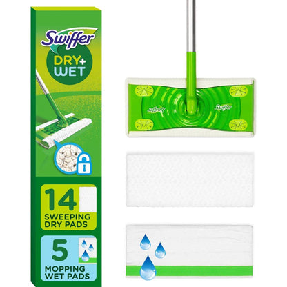 Swiffer Sweeper 2-in-1 Dry & Wet Floor Mopping and Sweeping Kit, Multi-Surface, Includes 1 Sweeper, 14 Dry Sweeping Cloths, 5 Wet Mopping Cloths