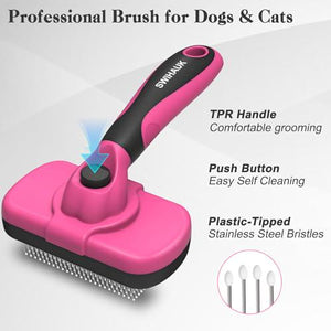 Swihauk Self-Cleaning Slicker Brush for Dogs & Cats, Pink, Skin-Friendly Deshedding Grooming Tool for Long/Short Hair Pets