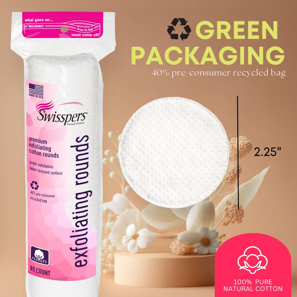Swisspers Swisspers Premium Exfoliating Rounds, 2 Distinct Raised Textured Surface, Cotton Facial Pads, 80 Count Re-closable Bag