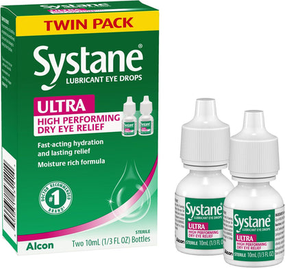 Systane Ultra Lubricant Eye Drops, Artificial Tears for Dry Eyes, Twin Pack (10 ml Each)
