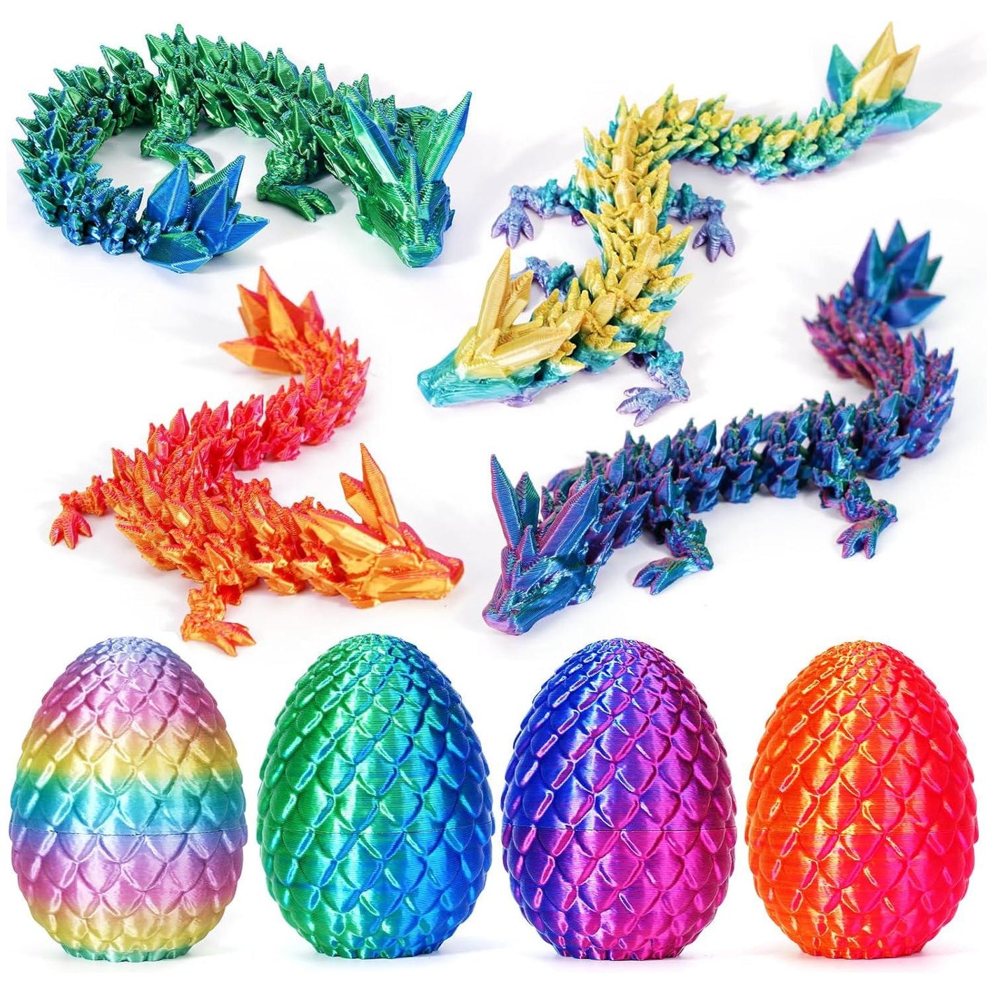 TBOLine 3D Printed Dragon Egg Fidget Toys, 4-Pack, Crystal Articulated Dinosaurs, Gift for Kids