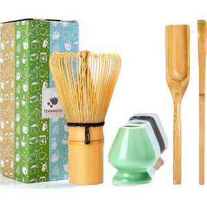 TEANAGOO Matcha Whisk Set, Bamboo Matcha Whisk (Chasen), 4 Pcs Traditional Starter Matcha Set, Scoop (Chashaku) Tea Spoon Whisk Holder, Matcha Accessory, Traditional Japanese Matcha Stirrer Set,740385182129