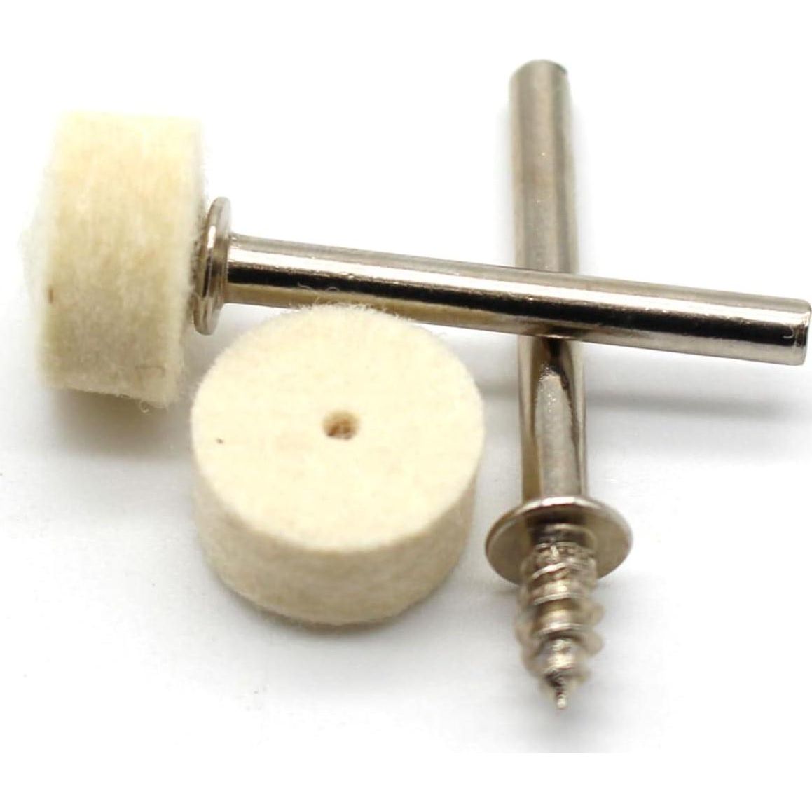 TEMO 100 Pc Felt Polishing Wool Bob Burr 1/2 Inch Diameter 1/4 Inch High Wheels #414 With 2 Screw Mandrel 401 1/8 Inch Shank For Dremel Rotary Tools,723175193420