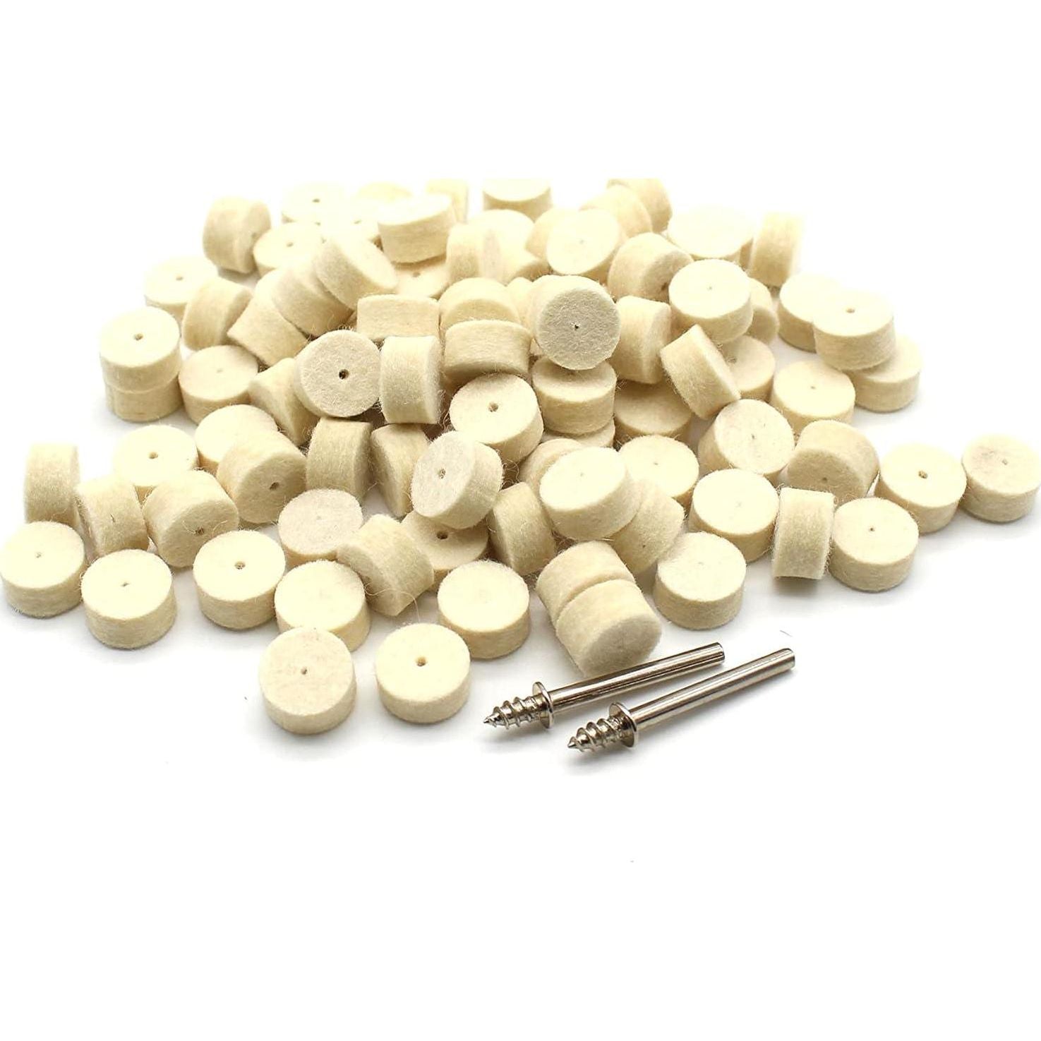 TEMO 100 Pc Felt Polishing Wool Bob Burr 1/2 Inch Diameter 1/4 Inch High Wheels #414 With 2 Screw Mandrel 401 1/8 Inch Shank For Dremel Rotary Tools,723175193420