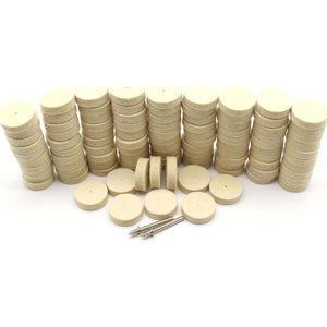TEMO 100 Pc Felt Polishing Wool Bob Burr Abrasive Buffing Pads 1 Inch Diameter 1/4 Inch Height Wheel #429 With 2 Screw Mandrel 401 1/8 Inch Shank For Dremel Rotary Tools,