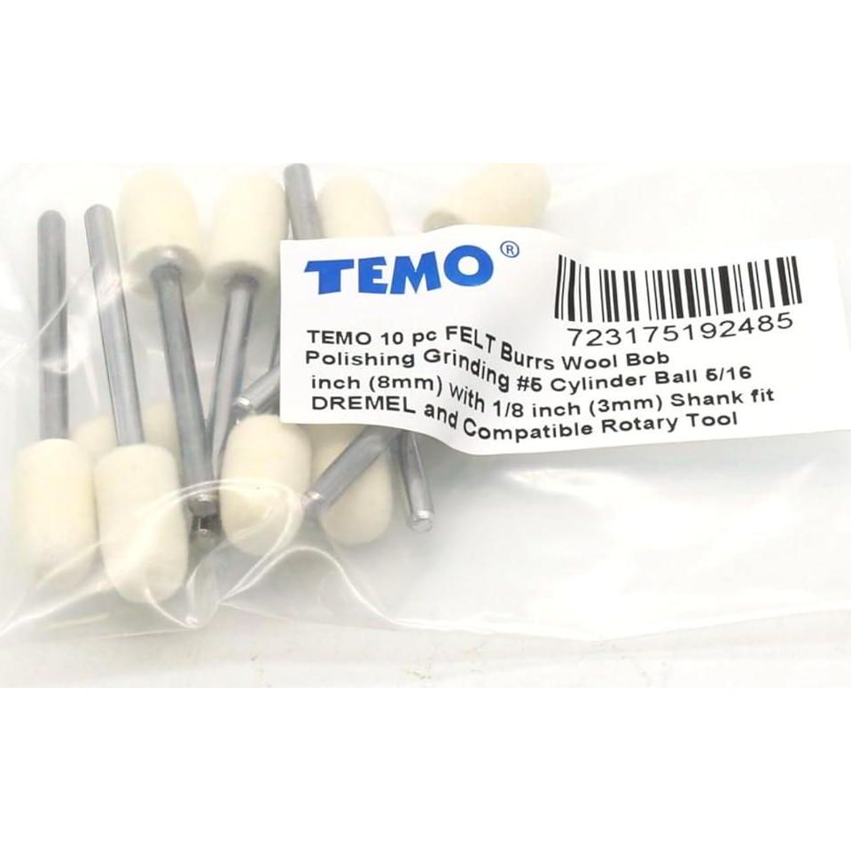 TEMO 10 Pc Felt Burrs Wool Bob Polishing Grinding #5 Cylinder Ball 5/16 Inch With 1/8 Inch Shank For Dremel Rotary Tools,