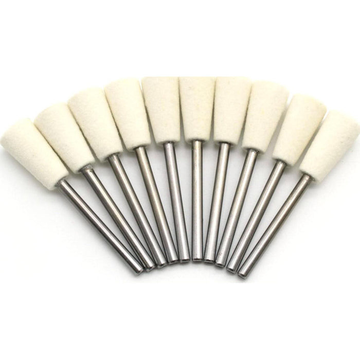 Temo 10pc Felt Burrs Wool Bob Polishing Grinding, 9 Inverted Cone, 10mm (3/8"), 1/8" Shank for Dremel Rotary Tools