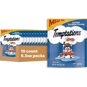 TEMPTATIONS Classic Crunchy And Soft Cat Treats Savory Salmon Flavor, 6.3 Oz. Pouch (Pack Of 10),
