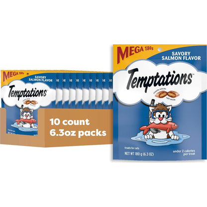 TEMPTATIONS Classic Crunchy And Soft Cat Treats Savory Salmon Flavor, 6.3 Oz. Pouch (Pack Of 10),