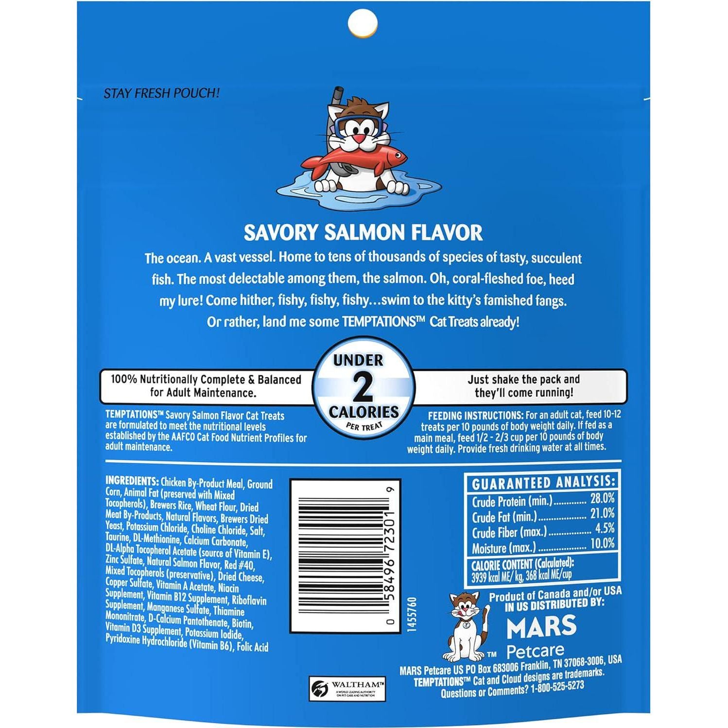 TEMPTATIONS Classic Crunchy And Soft Cat Treats Savory Salmon Flavor, 6.3 Oz. Pouch (Pack Of 10),