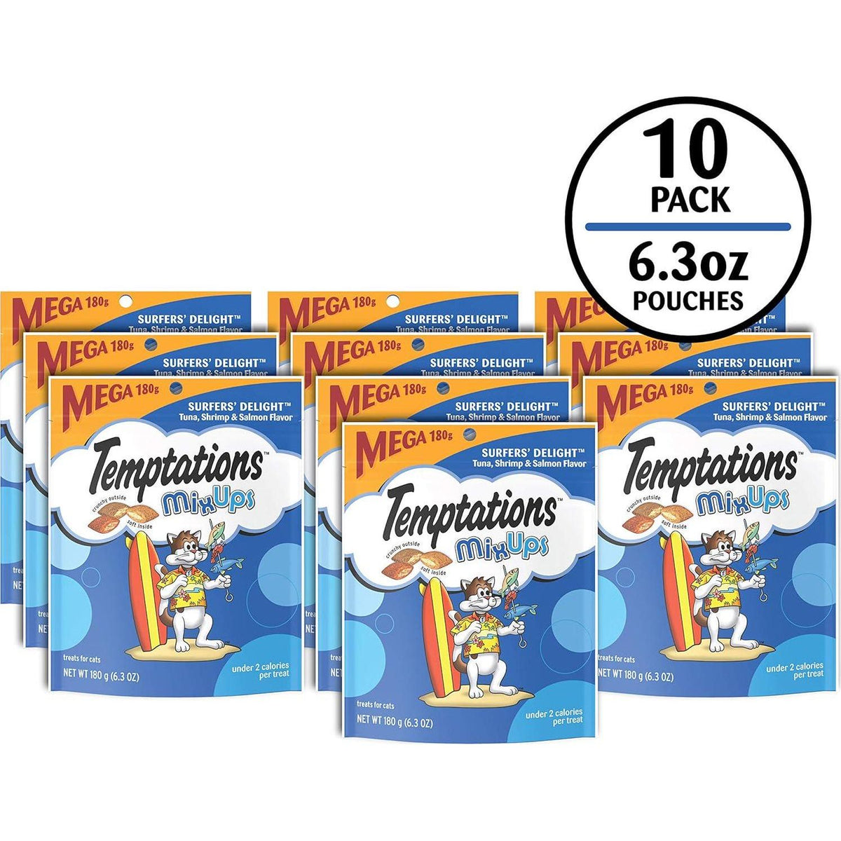 TEMPTATIONS MIXUPS Crunchy And Soft Cat Treats Surfer's Delight Flavor, 6.3 Oz. Pouch, Pack Of 10,