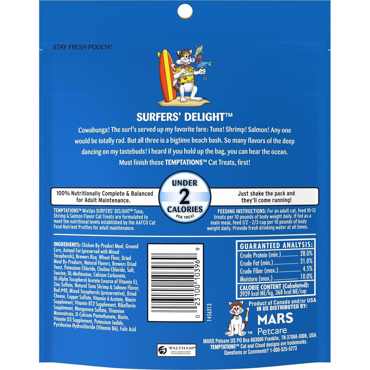 TEMPTATIONS MIXUPS Crunchy And Soft Cat Treats Surfer's Delight Flavor, 6.3 Oz. Pouch, Pack Of 10,