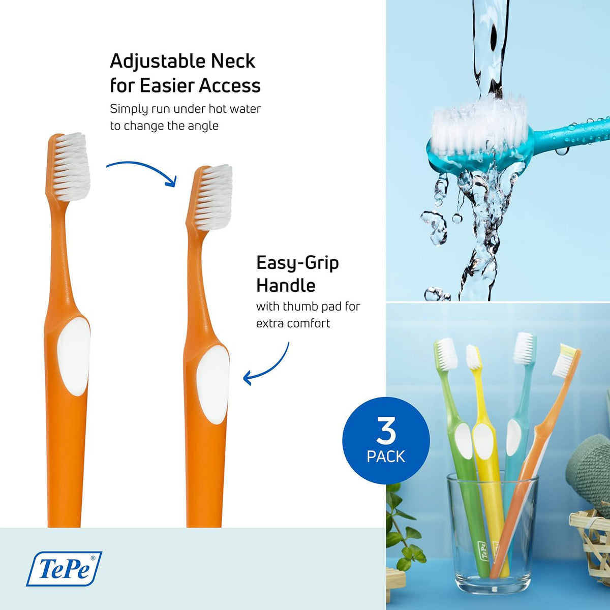 TEPE Supreme Toothbrush, Soft Bristle Toothbrush, Tapered Brush Head For Sensitive Teeth And Gum Care, Adult, 3 Pack,