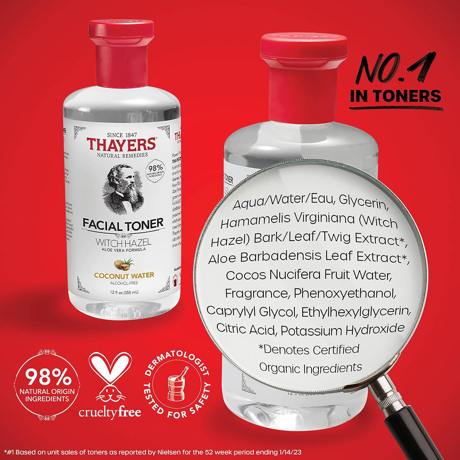 THAYERS Alcohol-Free, Hydrating Coconut Water Witch Hazel Facial Toner With Aloe Vera Formula, Vegan, Dermatologist Tested And Recommended, 12 Oz,