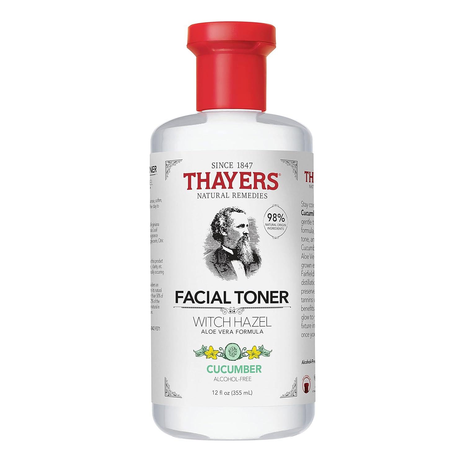 THAYERS Alcohol-Free, Hydrating Cucumber Witch Hazel Facial Toner With Aloe Vera Formula, Vegan, Dermatologist Tested And Recommended, 12 Oz,