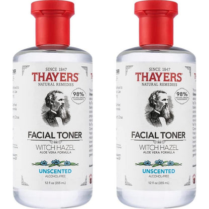 THAYERS Alcohol-Free, Hydrating, Unscented Witch Hazel Facial Toner With Aloe Vera Formula, Vegan, Dermatologist Tested And Recommended, 12 Oz (Pack Of 2),