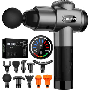 Toloco Deep Tissue Massage Gun for Athletes, 10 Massage Heads, Electric Muscle Percussion Massager, Pain Relief, FSA/HSA Eligible, Grey