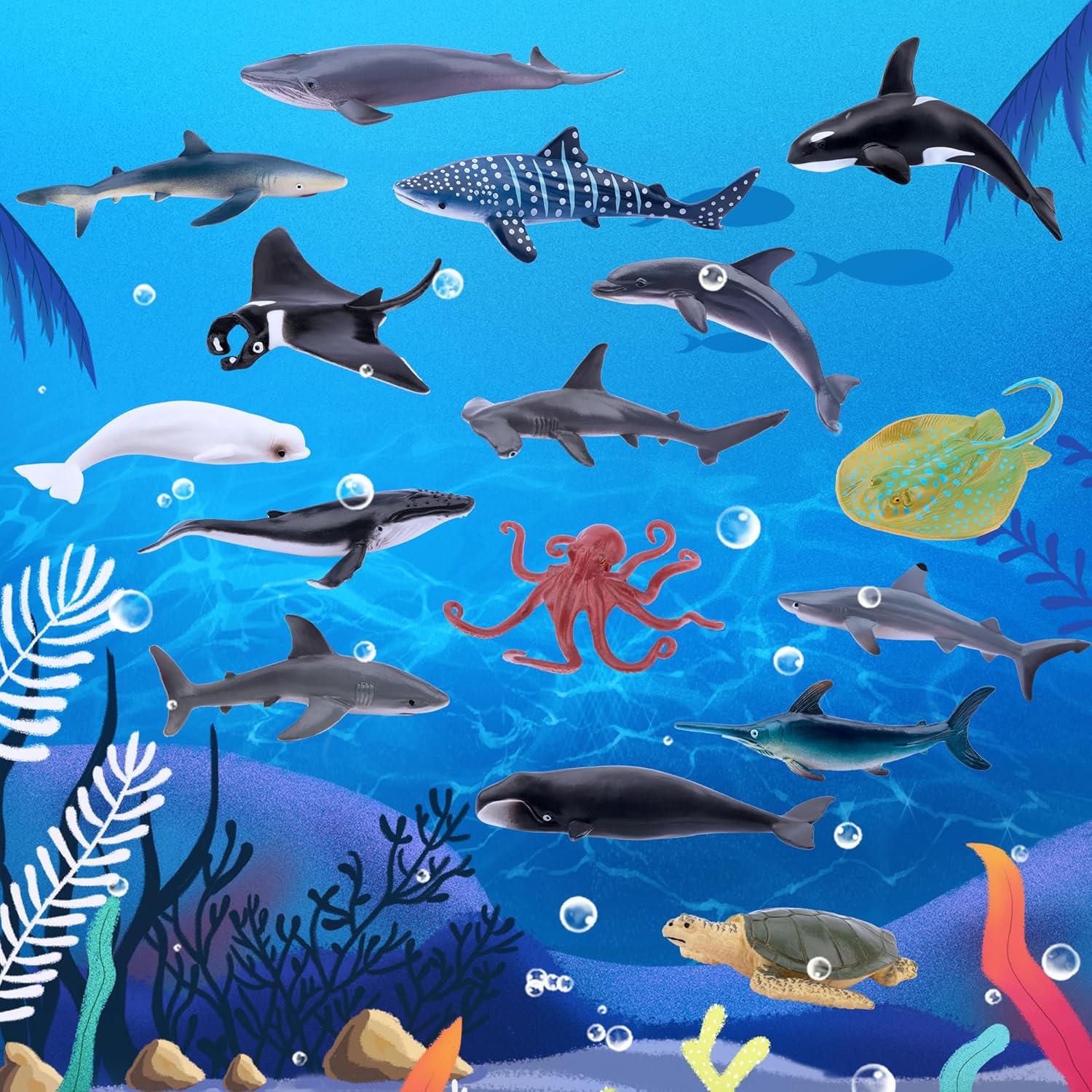 TOYMANY 24pcs Mini Ocean Animal Figurines: Realistic Cake Toppers With Sharks, Whales And Octopus - Great For Kids' Parties, Gifts And School Projects,