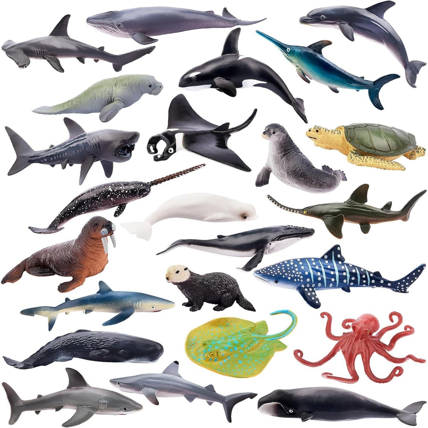 TOYMANY 24pcs Mini Ocean Animal Figurines: Realistic Cake Toppers With Sharks, Whales And Octopus - Great For Kids' Parties, Gifts And School Projects,