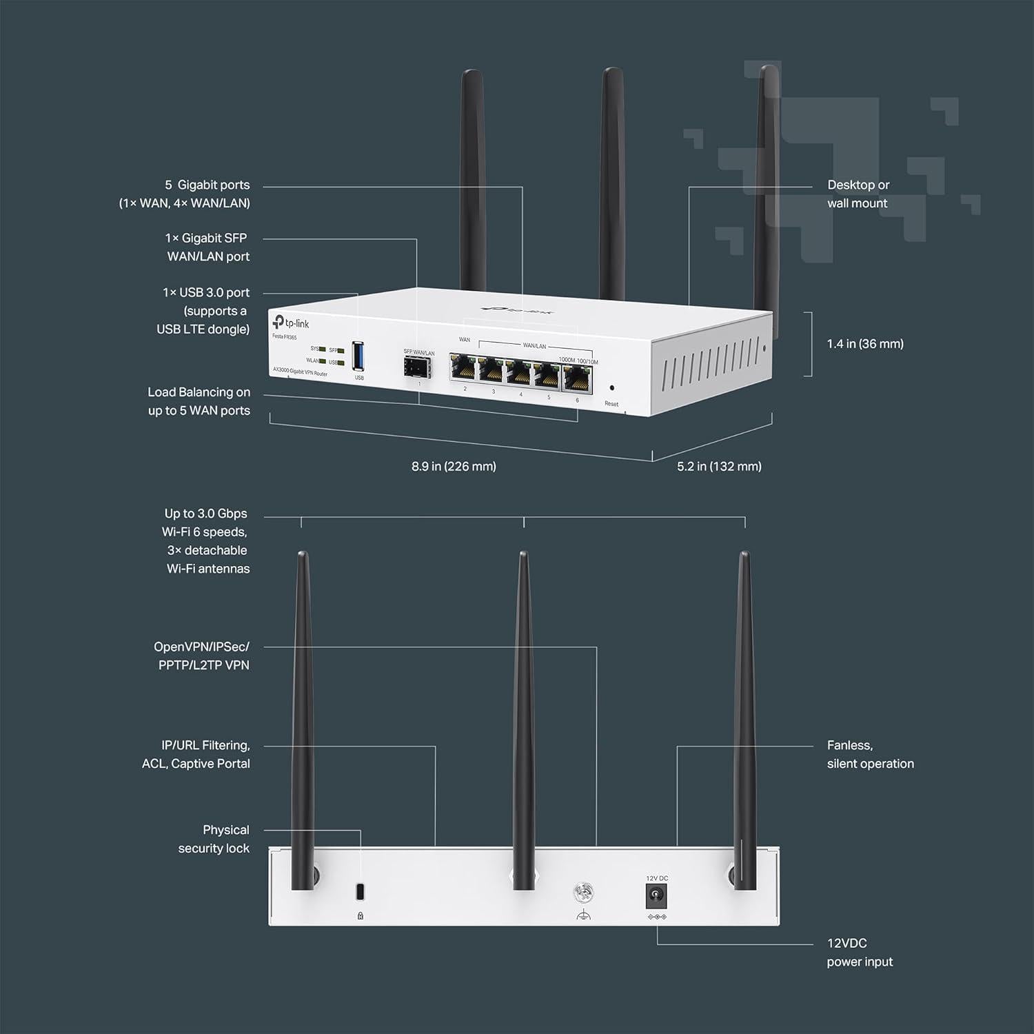 TP-Link Festa FR365, AX3000 WiFi 6 VPN Router, Up To 5 Gigabit WAN + 1 USB 3.0 WAN + 1 SFP, Self-Organizing Network, Free Cloud, Load Balance, Mesh, Seamless Roaming, Does Not Work With Omada,