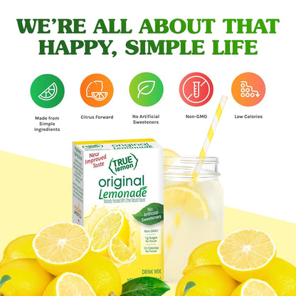 True Citrus TRUE LEMON Original Lemonade Drink Mix| Made From Real Lemon | No Preservatives, No Artificial Sweeteners, Gluten Free | Water Flavor Packets And Water Enhancer With Stevia 30 Count (Pack Of 1)