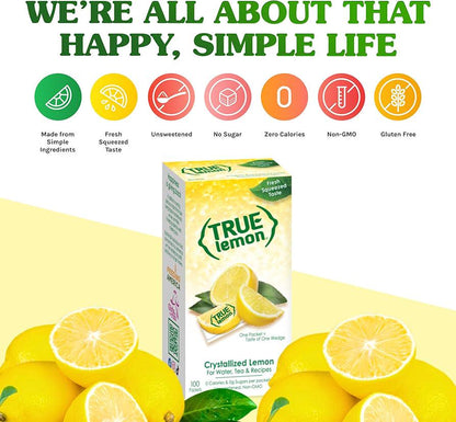 True Citrus True Lemon Water Enhancer, Bulk Dispenser, 100 Count, Sugar-Free, 0 Calorie, Lemon Flavoring Powder Packets for Water