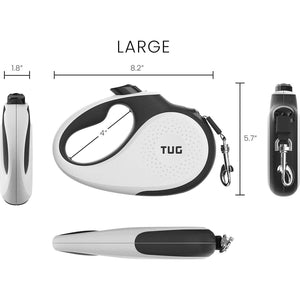 TUG 360 Retractable Dog Leash Large White 16 ft Tangle Free Nylon Tape with One Handed Brake