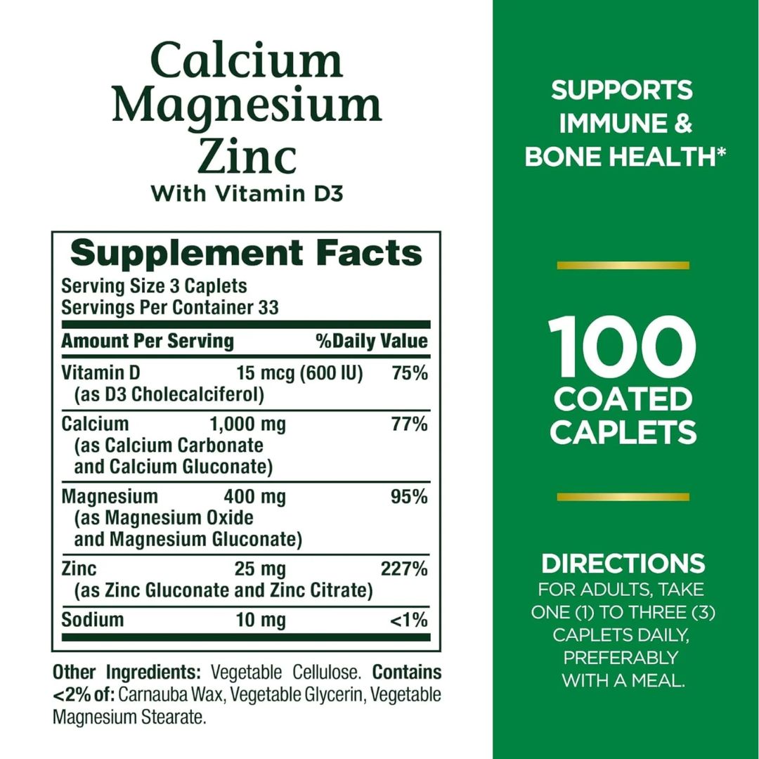 Nature's Bounty Calcium Magnesium Zinc Vitamin D3 100 Caplets,074312042904