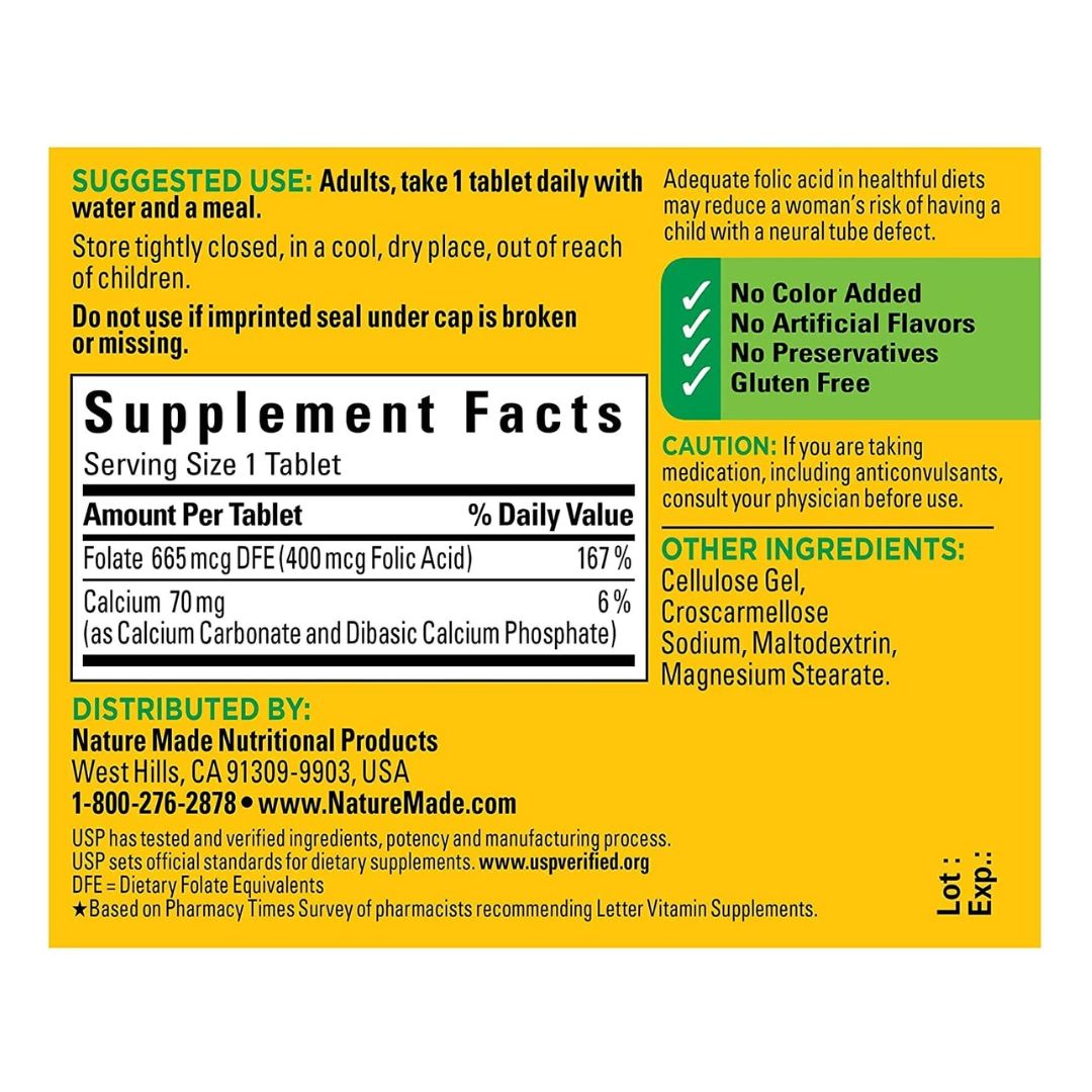 Nature Made Folic Acid 400mcg 250 Tablets,031604012748