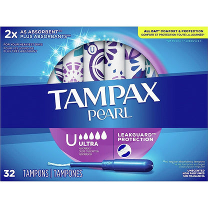 Tampax Pearl Tampons Ultra Absorbency With BPA-Free Plastic Applicator And LeakGuard Braid, Unscented, 32 Count,