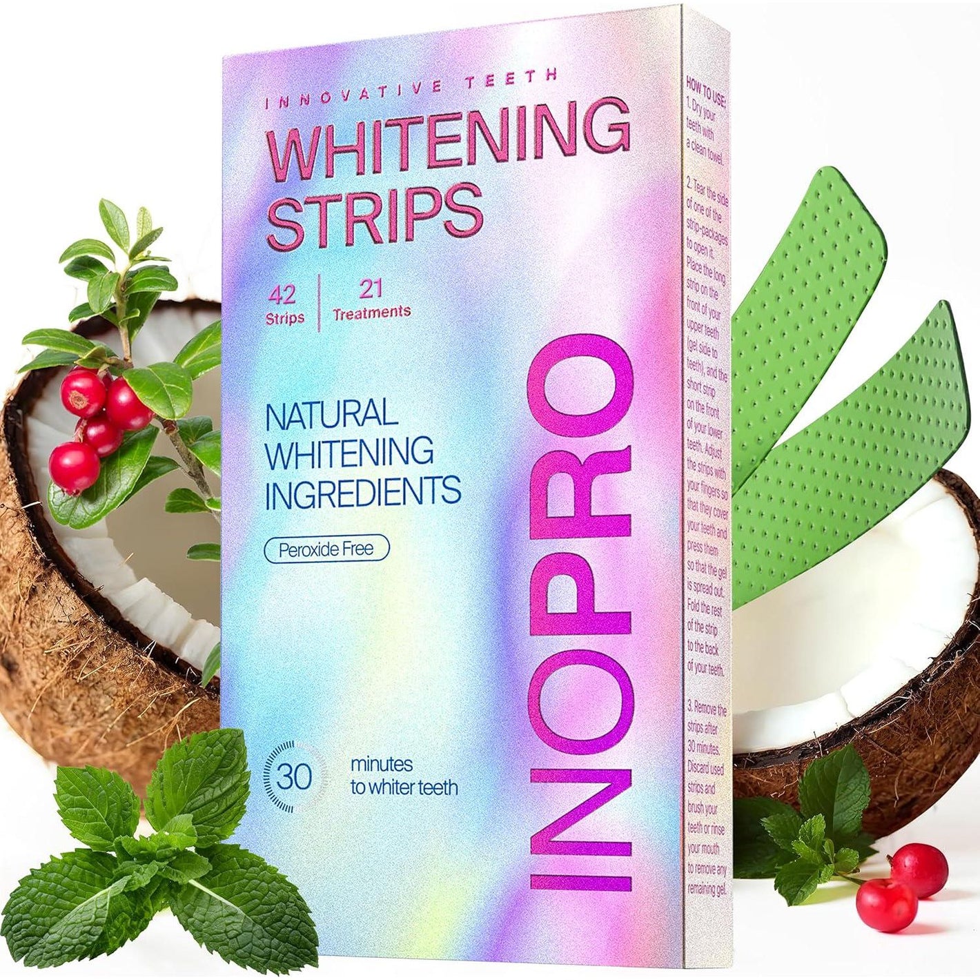 InoPro Teeth Whitening Strips 21 Treatments Kit - Teeth Whitener, Peroxide Free, Enamel Safe Green White Strips, Deep Stains Removal - Instant Teeth Whitening Without The Harm (42 Strips)