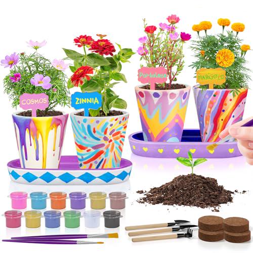 Tekoly Paint and Plant Flower Kit for Girls Set of 4 Gardening Craft Toys for Ages 4 to 12 Fun STEM Gift Idea