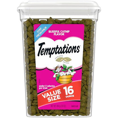 Temptations Cat Treats Blissful Catnip Flavor 16 oz Tub Crunchy Outside Soft Inside Snack for Cats