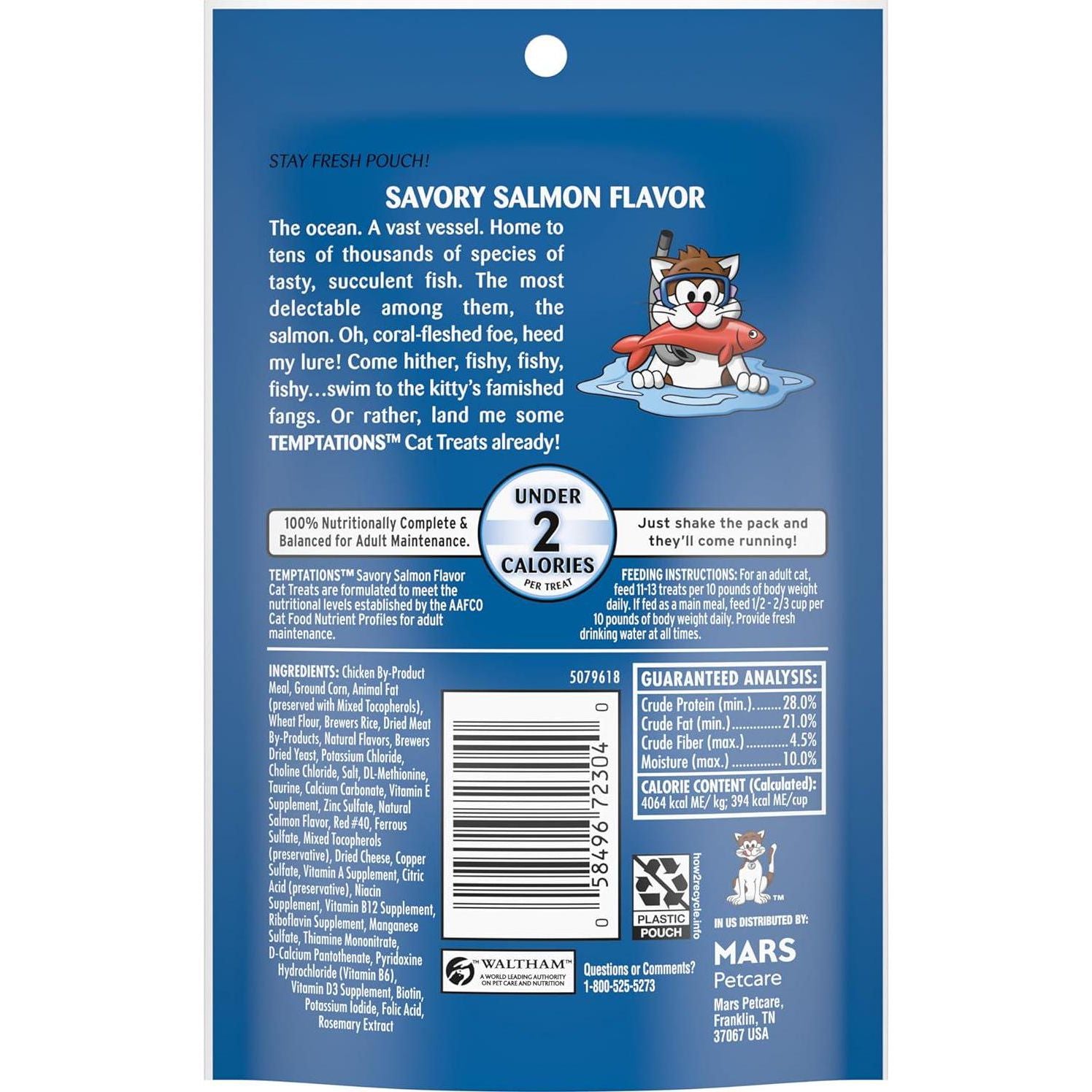 Temptations Classic Crunchy And Soft Cat Treats Savory Salmon Flavor, 3 Oz. Pouch (Pack Of 12),